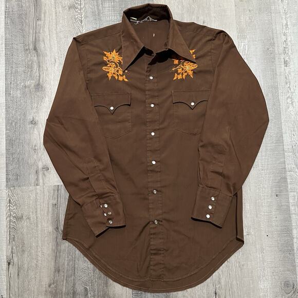 VTG Permanent Press 60s/70s Brown Embroidered Pearl Snap Western Poly Shirt - Picture 1 of 4